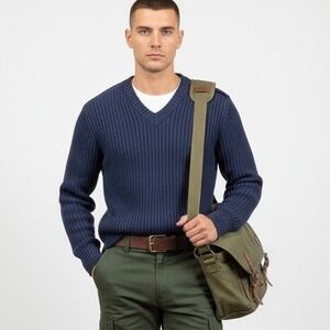 Citadel 100% Virgin Wool‎ Military Sweater 44 Navy Rib Knit Elbow Patches Men